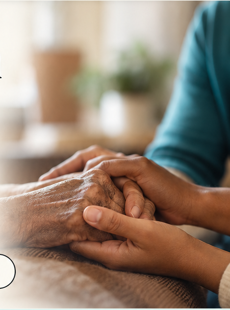 An older adult's hand gently held by a caregiver's hands